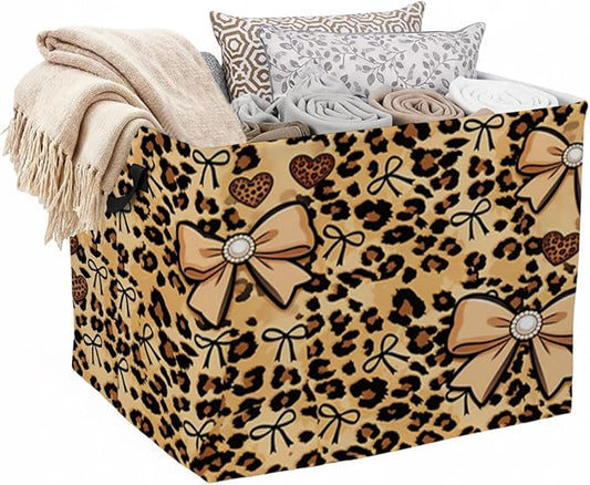 56L Leopard Print Bows Laundry Basket Clothes Hamper with Handles,Foldable Blanket Storage Large Laundry Hamper with Waterproof PE,Toy Storage Bin Organizer,Cube Clothes Organizer,Home Decor