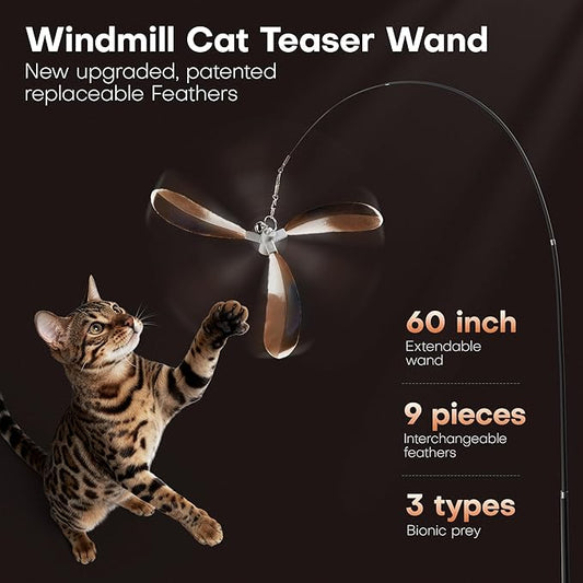 Potaroma Carbon Fiber Cat Wand Toy – Lightweight, Retractable Feather Teaser Stick with 9 Detachable Feathers, Bells & Multi-Attachment Kit for Indoor Kittens – Durable, Interactive Fun