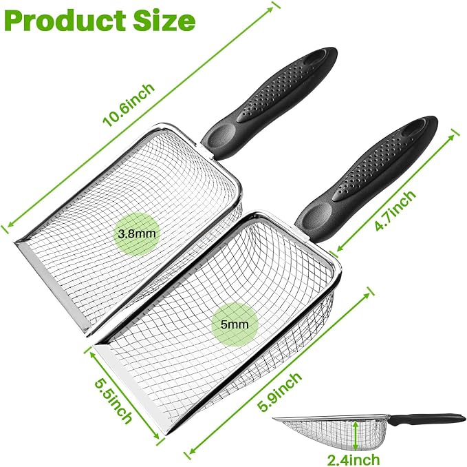 2 Pack Cat Litter Scoop with 3.8mm & 5mm Mesh – Stainless Steel Kitten Litter Scoop with 2 Adhesive Hooks, Metal Cat Poop Scooper for All Litter Types, Efficient Sifting & Easy Cleaning for Litter Box