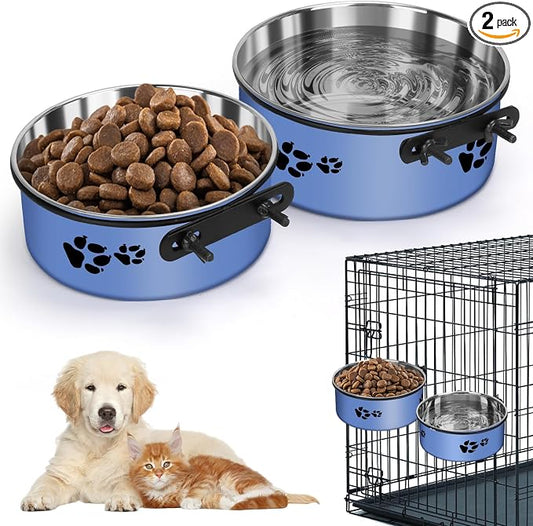 2 Pack Kennel Bowls Mountable Stainless Steel Crate Bowls for Dogs No Spill Hanging Kennel Water Feeder with Clamp Holder 2 Sizes（7.08x2.83’’,6.3x2.63’） (Blue)
