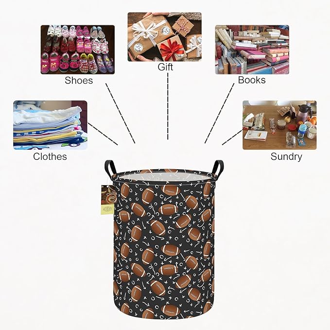 Collapsible Fabric Storage Basket, Waterproof Laundry Hamper with Handles, Round Storage Bin for Clothes Toys, Foldable Organizer for Bedroom Nursery Bathroom(Round-Rugby)