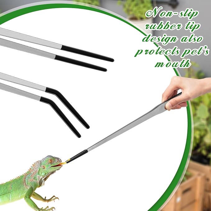 Lasnten 2 Pcs Extra Long Stainless Steel Reptile Feeding Tongs with Rubber Tip 18.5 Inch, 18.9 Inch Bearded Dragon Aquarium Straight and Curved Long Tweezer Terrarium Feeder Tool for Tank(Silver)