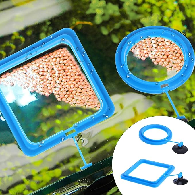 2 Pcs Fish Feeding Ring, Aquarium Feeding Ring Turtle Tank Accessories Automatic Square and Round Floating Food Feeder with Suction Cup for Betta Guppy Goldfish (Blue)