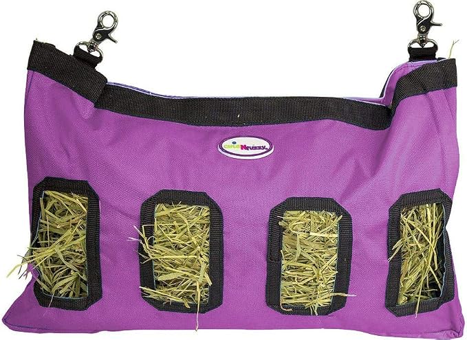 4-Opening Hay Bag for Rabbits, Guinea Pigs & Chinchillas, Hanging Hay Feeder, 18 x 11 x 1.5 in, 1000D Nylon, 6-Month Warranty (Purple, 18" x 11" x 1.5")