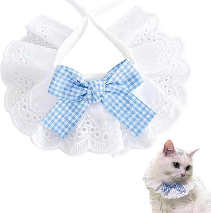 Elegant Lace Cat Collar with Cute Bow,Kitty Collars with Bow Tie,Pet Lace Bib Collar with Cute Bow,Cat Princess Costumes,Blue1 Piece