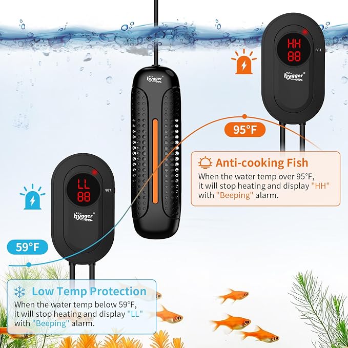 hygger Aquarium Heater 300W/500W/800W/1000W/1200W Fish Tank Heater with Multiple Security Protections, Anti-Cooking Fish Alarm, Auto Stop Heating Protection, Fish Heater for Freshwater Saltwater Tank