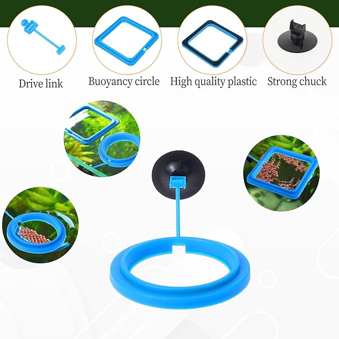 2 Pcs Fish Feeding Ring, Aquarium Feeding Ring Turtle Tank Accessories Automatic Square and Round Floating Food Feeder with Suction Cup for Betta Guppy Goldfish (Blue)