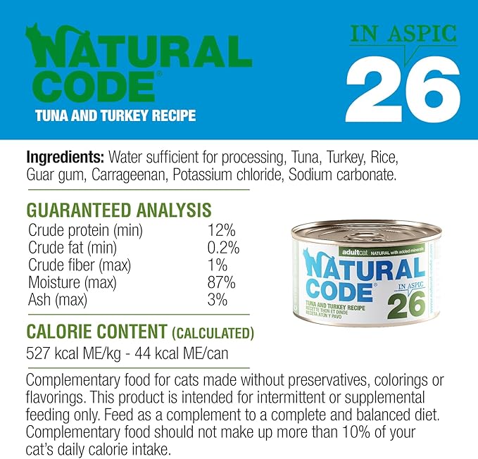 Natural Code - 24 Pack Wet Cat Food, Limited Ingredient Cat Food, High-Protein, Non-GMO, No Artificial Additives, Made in Italy, Tuna & Turkey in Aspic for Adult Cats, 3 oz