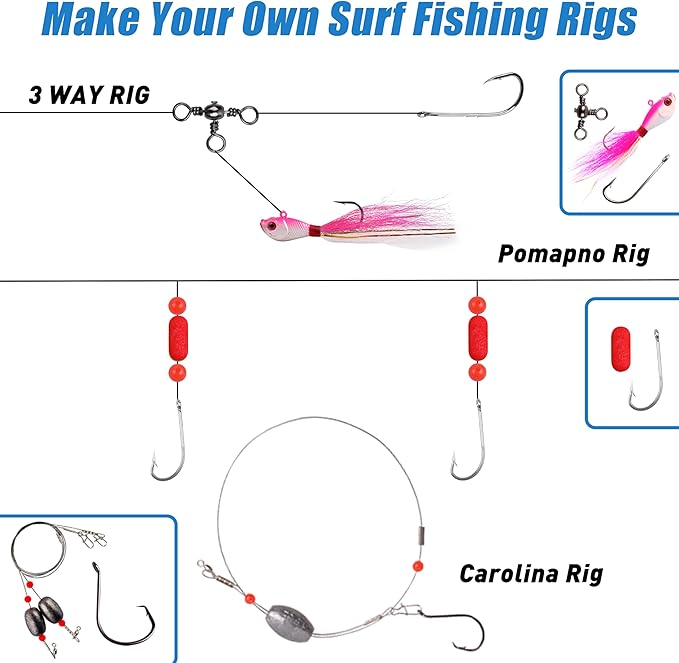 Saltwater Fishing Gear, 180pcs Saltwater Surf Fishing Tackle Kit Saltwater Fishing Lures Fish Finder Rigs Pompano Rig Pyramid Sinker Spoons Fishing Hooks Leaders Swivel Bobbers Various Accessories