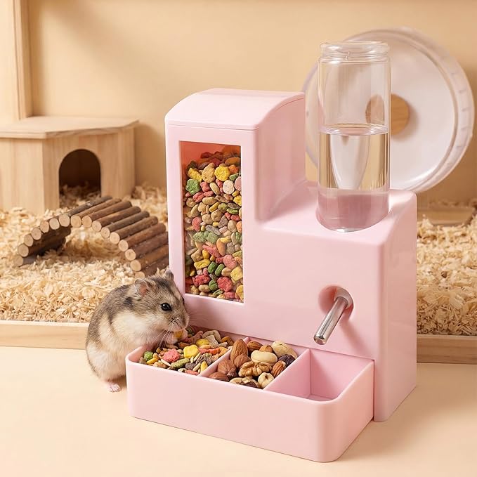 2 in 1 Hamster Water Bottle, No Drip 120ml Hamster Water Bottle, Gravity Hamster Food Bowl with Snack Bowl, Hamster Cage Accessories for Cage for Guinea Pigs