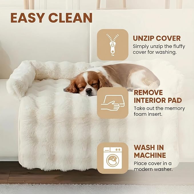 Calming Dog Bed for Couch, 29.5 x 29.5 inch Removable Couch Cover for Dogs Washable, Non-Slip Fluffy Plush Dog Sofa Mat for Furniture Protector (White)
