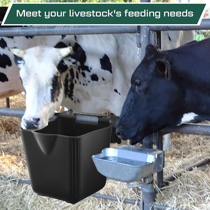 Marsui 1 Pcs 15 Quart Horse Feeders for Stall Hook Over Hanging Fence Hay Feeder Mountable Livestock Plastic Feed Bucket for Farm Stalls Pasture, Stable to Feed Horses Sheep Cattle Cows Etc (Black)
