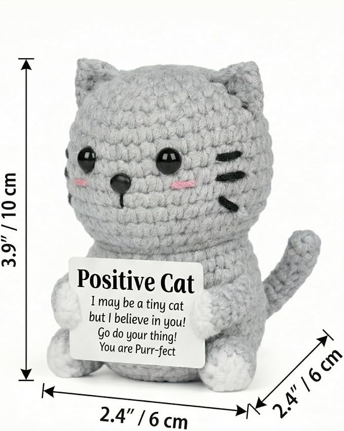 Positive Cat Plush with Encouraging Sign, Crochet Gift of Support for Women, Uplifting Sister Friendship Present, Gray Message Holder Toy