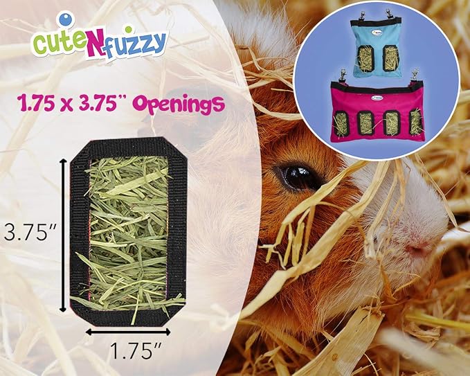 4-Opening Hay Bag for Rabbits, Guinea Pigs & Chinchillas, Hanging Hay Feeder, 18 x 11 x 1.5 in, 1000D Nylon, 6-Month Warranty (Black, 18" x 11" x 1.5")