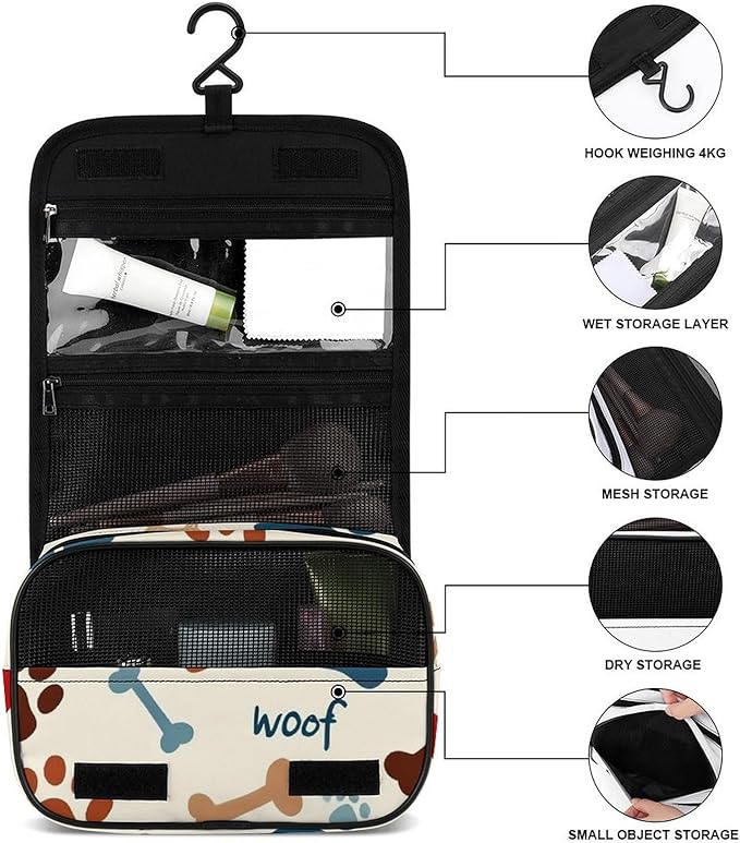 Hanging Travel Toiletry Bag Large Capacity Cosmetic for Daily Use, Christmas (Dog Paw Print Bones)