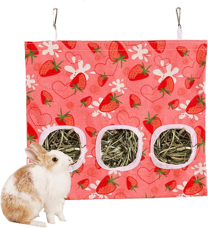 Rabbit Hay Feeder Bag for Cage Guinea Pig Timothy Hay Dispenser Storage Manger Hanging Large Less Waste for Bunny Guinea Pig Chinchilla (Love Strawberry,Medium)