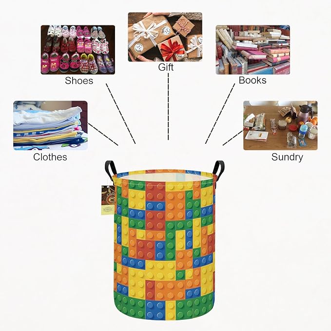 Collapsible Fabric Storage Basket, Waterproof Laundry Hamper with Handles, Round Storage Bin for Clothes Toys, Foldable Organizer for Bedroom Nursery Bathroom(Round-Colorful Blocks)