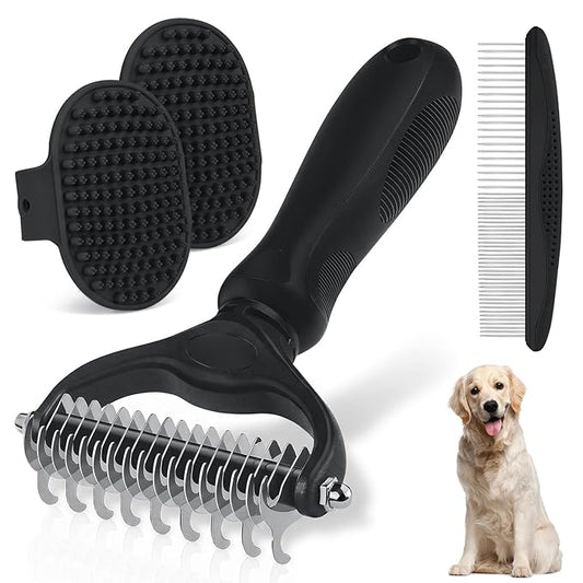 Double-Sided Pet Grooming Rake - 4-in-1 Professional Pet Grooming Kit, Deshedding Dematting Tool for Dogs, Cats, Extra-Wide Grooming Brush & Deshedder Comb for Long and Short Haired Pets(4PCS Black)