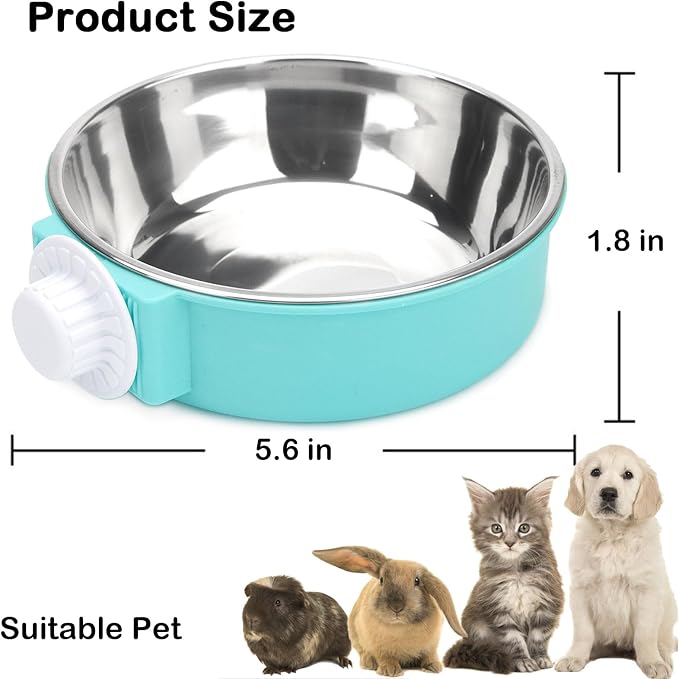 2 Pcs Crate Dog Bowl, Removable Stainless Steel Hanging Pet Food Water Feeder Pet Kennel Cage Bowl for Puppy Cat Rabbit Ferret Guinea Pig (Blue&Green)