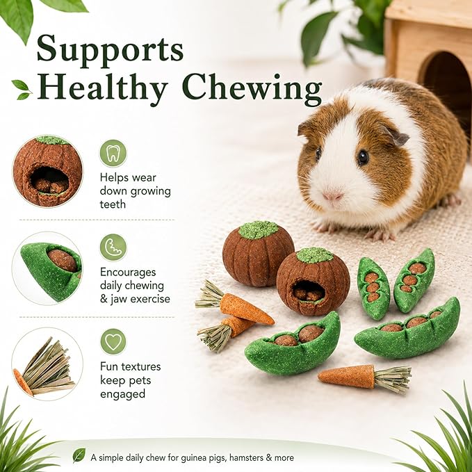 HERCOCCI 8Pcs Guinea Pig Chew Toys, Hamster Toys Prevent Excessive Teeth Growth Natural Vegetables Carrot and Timothy Grass for Guinea Pig Rabbit Chinchillas Gerbil