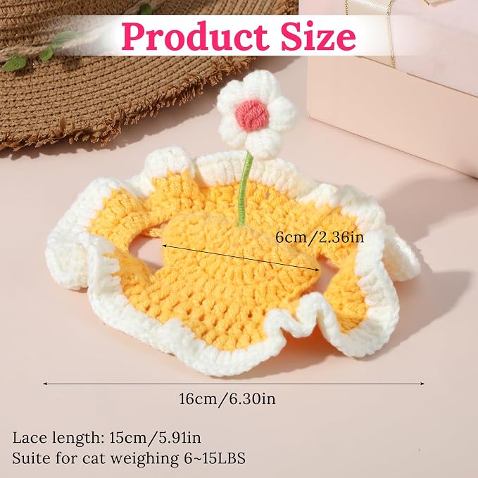 2PCS Cat Hats Cute Flower Crochet Hats for Cats Small Pets Birthday Party Christmas Halloween Easter Travel Accessories Puppy Hat (Pink, Yellow)