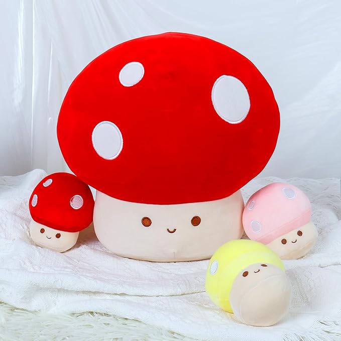 WeBingo Mushroom Plush Pillow 4-Piece, 12 Inch Large Mushroom Decor Stuffed Animal Plushies Stuffy with 3 Babies for Girl Boy Kid Adult, Big Jumbo Soft Toy Gift for Birthday Christmas Valentine's Day