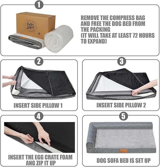 Patas Lague Orthopedic XL Dog Bed Large Sized Dog 42''X28'', Waterproof L Bolster Big Large Pet Sofa Beds with Removable Washable Cover, Soft Pet Couch Crate Mat with Nonskid Bottom, Black