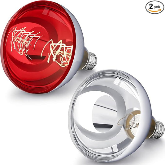 VIHOSE 2 Pack 250 Watt Heat Lamp 120v R40 Heat Lamp Bulbs Glass Incandescent Light Bulbs Incandescent Heating Lightbulbs for Reptiles Chicks Food Puppies Bathroom, Use E26 Base (Silver, Red)