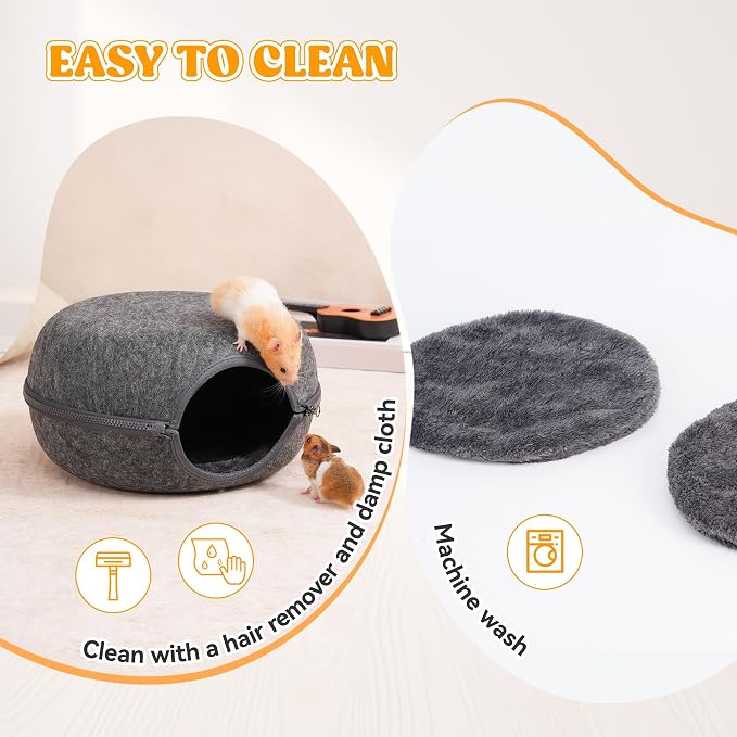 Guinea Pig Hideout 2 Pack, Double Function Guinea Pig Bed with 3 Soft Cushions, Small Animal Cage Accessories for Guinea Pigs, Hamsters, Hedgehogs, and Ferrets (Dark Grey & Dark Grey)