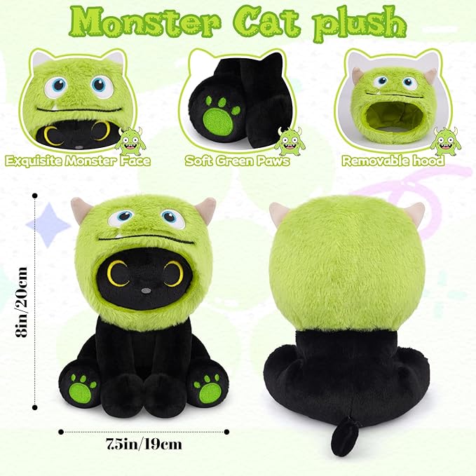 Cat Plush - 8" Black Cat with Removable Green Monster Costume, Soft Stuffed Animal Toy for Kids, Girls, Boys & Adults, Huggable Cute Plushies for Birthday Gift, Room Decor