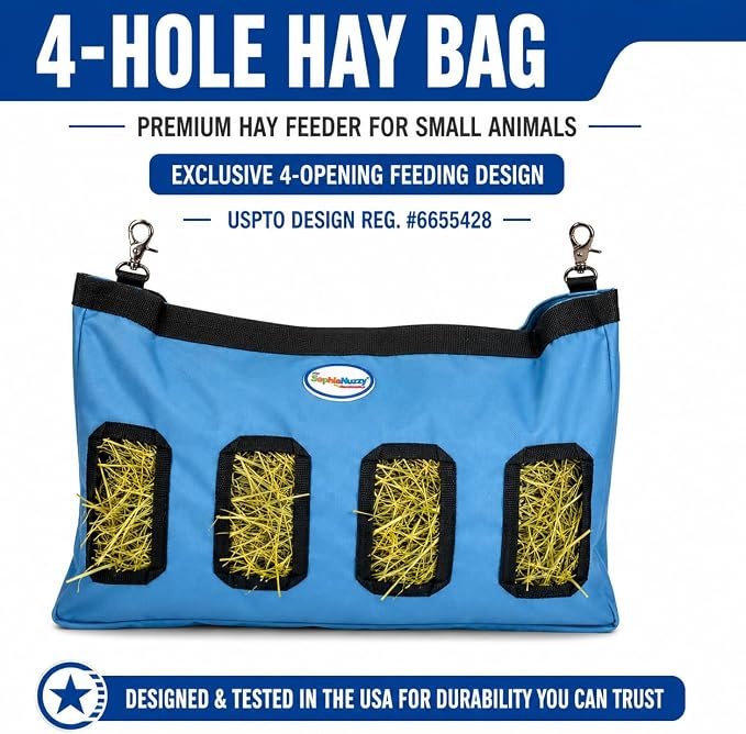 4-Opening Hay Bag for Rabbits, Guinea Pigs & Chinchillas, Hanging Hay Feeder, 18 x 11 x 1.5 in, 1000D Nylon, 6-Month Warranty (Black, 18" x 11" x 1.5")