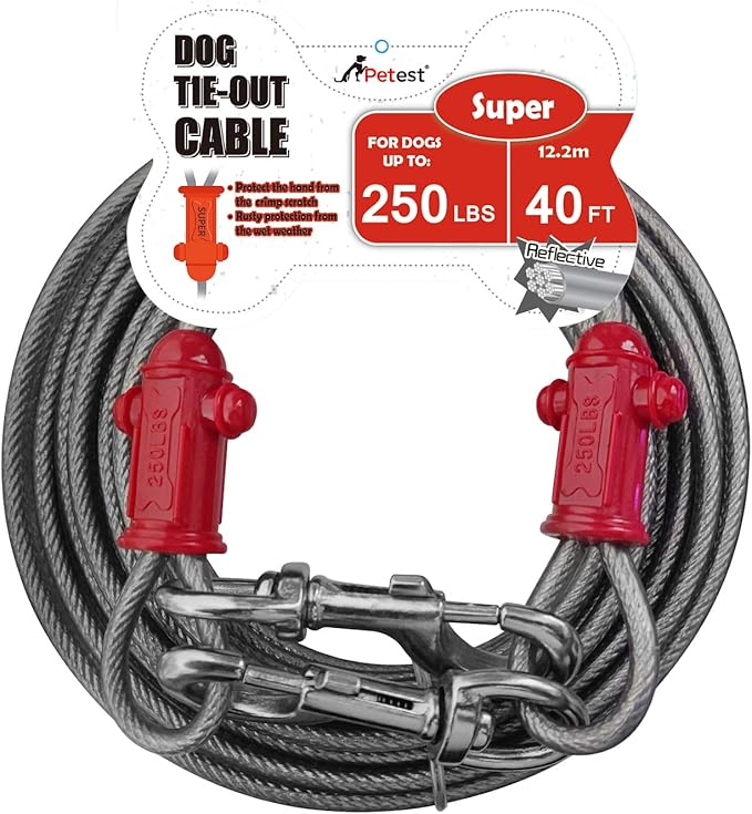 Petest Reflective Tie Out Cable with Crimp Cover for Super Dogs Up to 250 Pounds, 40 Feet