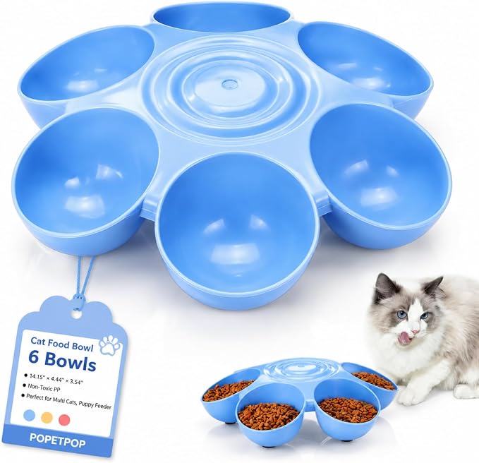 POPETPOP Cat Food Bowl with 6 Bowls - Pet Feeder for Multi Cat Kitten Puppy | Non-Toxic Plastic Multi Cat Dishes with Stable Base, Multiple Dinner Feeder for Outdoor Indoor Food & Water Feeding (Blue)