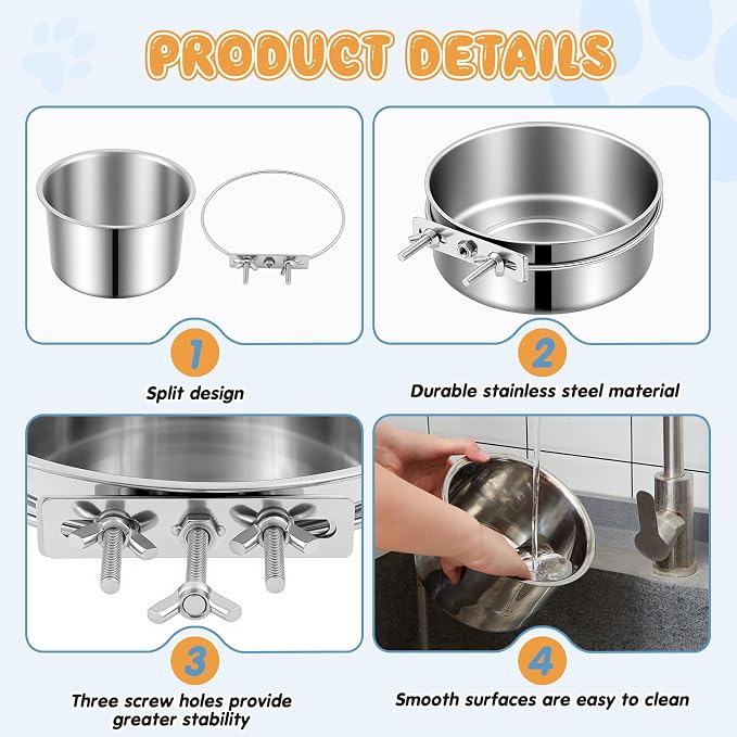 LemonRoad 12 Pcs Dog Crate Water Bowl No Spill 40oz & 60oz Stainless Steel Large Hanging Water Food Dog Kennel Bowls Bulk for Crates Attachable Metal Feeder Dish for Medium Large Dogs Breed Pets