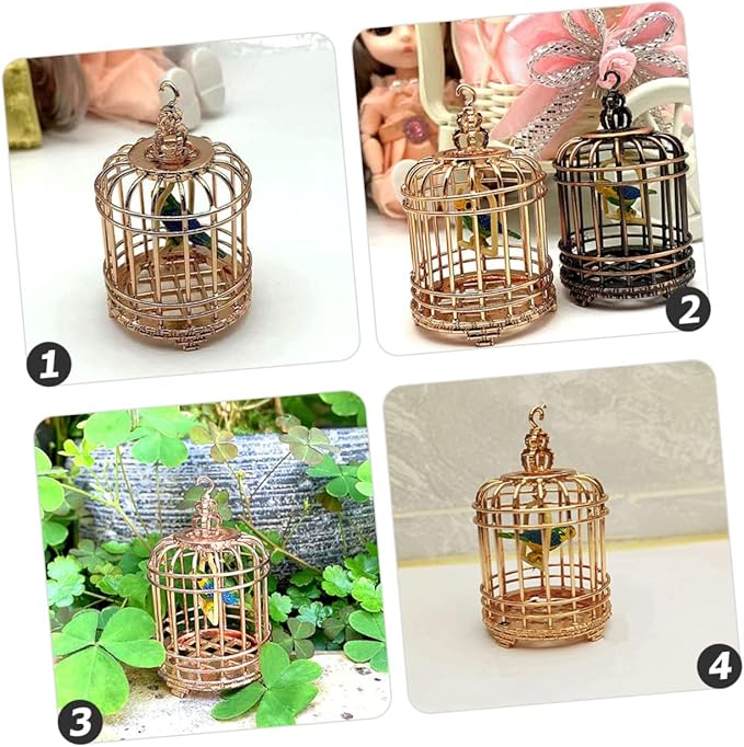 BESTonZON Decorative Mini Birdcage Model Rose Gold Ornament for Dollhouses Unique Simulation Bird Cage Decor for Mini Bedroom and Garden