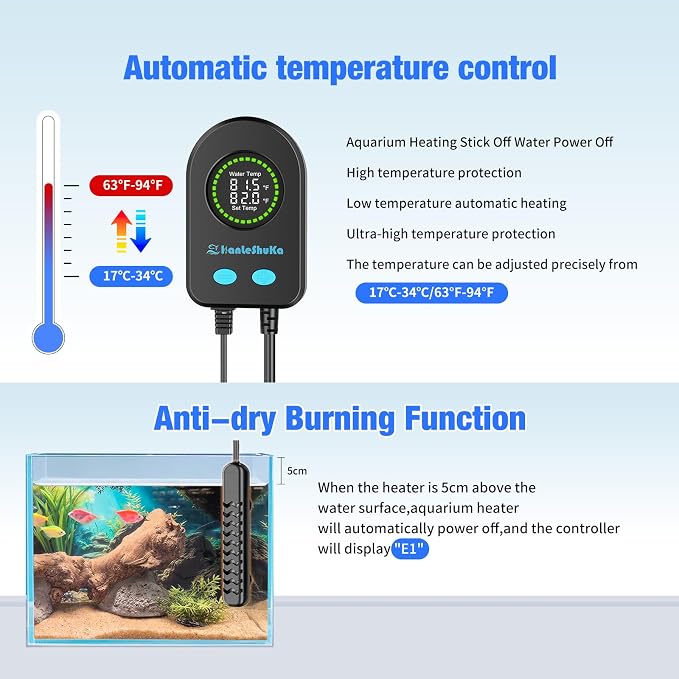 300W Submersible Fish Tank Heater for 40-70 Gallon with Auto Shut-Off When Leaving Water—Aquarium Heater, Dry-Burn & Overheat Protection, Smart LED Display for Freshwater Saltwater Turtle