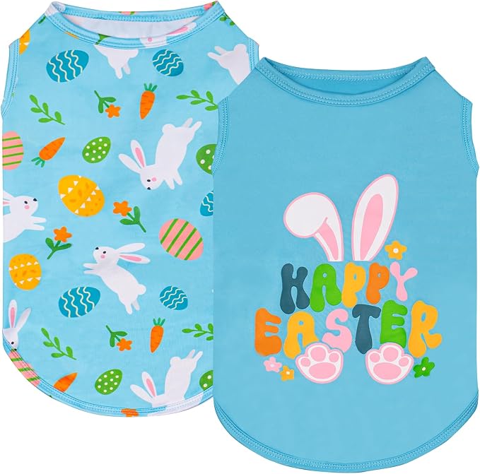 KYEESE 2Pack Easter Dog Shirt, Breathable Tank Top Sleeveless Dog T Shirts for Small Dogs Boy Girl, Lightweight Dogs Clothes Puppy Outfit for Holiday, Blue+Bunny, S