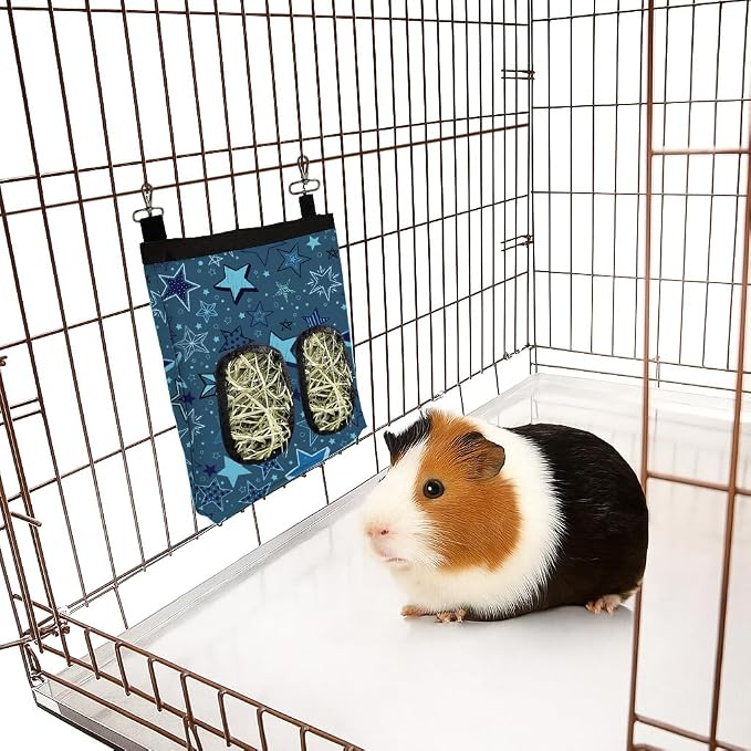 WIRESTER Oxford Hanging Guinea Pig Hay Feeder 11x9 Inch, Rabbit Hay Feeding Storage Bag for Bunny Chinchilla Hamster with Back Hooks, 2 Holes - Multi-Stars Pattern
