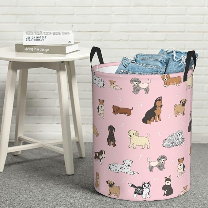 Cute Dogs Pink Round Laundry Hamper Storage Basket Toys Clothes Organizer Bin For Home Bathroom Bedroom Dorm Nursery, 38l