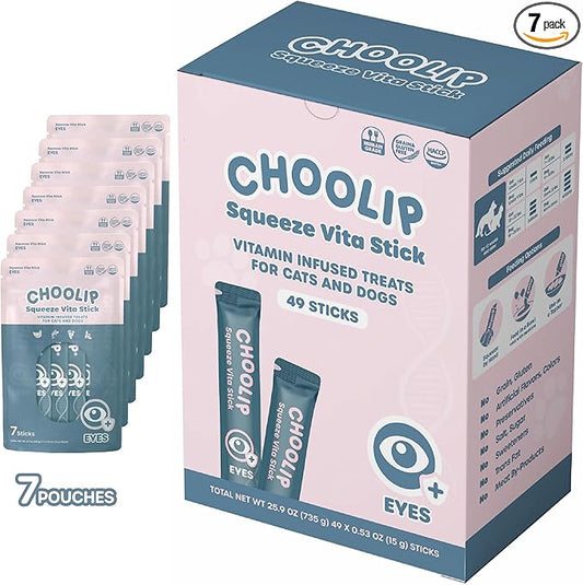 Choolip Squeeze Vita Stick Lickable Cat and Dog Treats – 49-Count Eye Support Sticks with Multivitamins, Soft Squeezable Paste for All Life Stages, Supporting Eye Health - Box with 7 Pouches