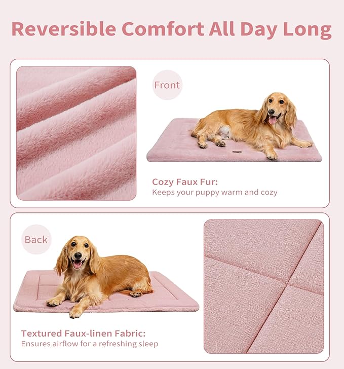 Made4Pets Dog Crate Pad Bed for Medium Large Dogs, Washable & Reversible, Anti-Slip Kennel Mat for Cozy Sleeping, Soft Fluffy Dog Bed for Indoor & Outdoor Use, 35"x23", Pink