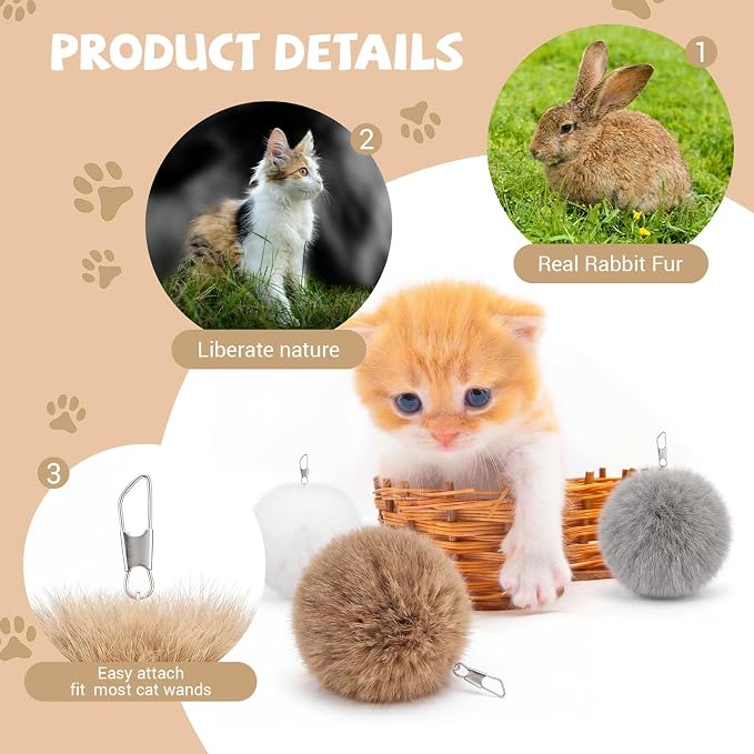 18 Pack Natural Rabbit Fur Cat Toy Refills, Mouse Tail Fur Ball Shaped Cat Toys, Interactive Cats Wand Toy Replacement Head with Secure Connector (Pom Pom)