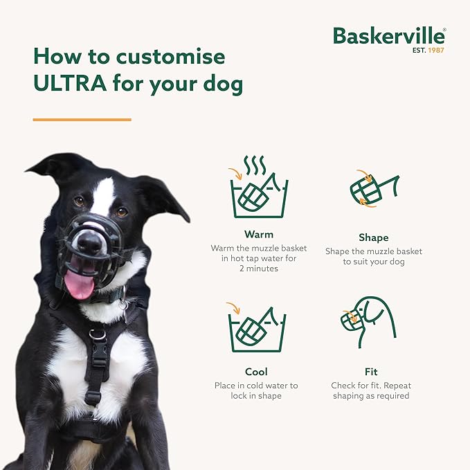Baskerville ULTRA Muzzle - Patented Humane Design, Breathable, Dog can Pant and Drink, Adjustable, Padded, Training Muzzle for Medium-sized Dogs, Prevents Biting, Wildlife Scavenging (Size 3, Black)
