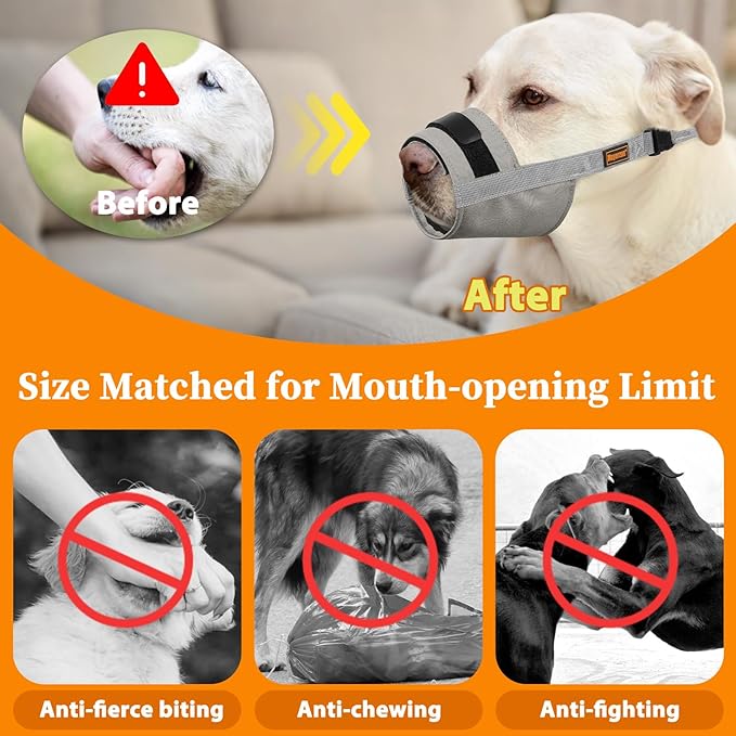 Mayerzon Dog Muzzle for Large Medium Small Dogs, Adjustable Fit, Soft & Sturdy Fabric, Prevents Fierce Barking Biting Chewing, Ideal for Grooming Walking Vet Visits, Allows to Pant Drink (Grey, L)