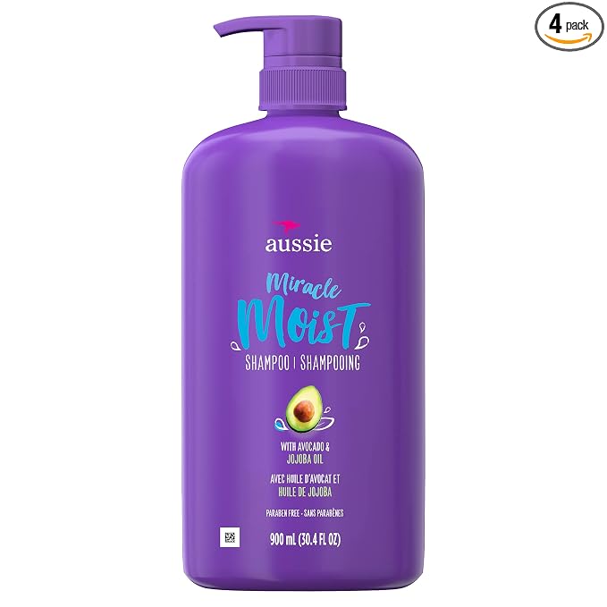 Aussie Miracle Moist Shampoo with Avocado & Jojoba for Dry Hair, Paraben-Free, 30.4 Fl Oz, (Pack of 4)