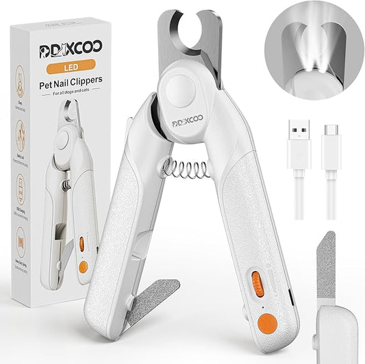 Dual-LED Pet Nail Clippers with Stepless Brightness Adjustment, Side Lock & Retractable File, Anti-Slip Handles for Dogs and Cats (White)
