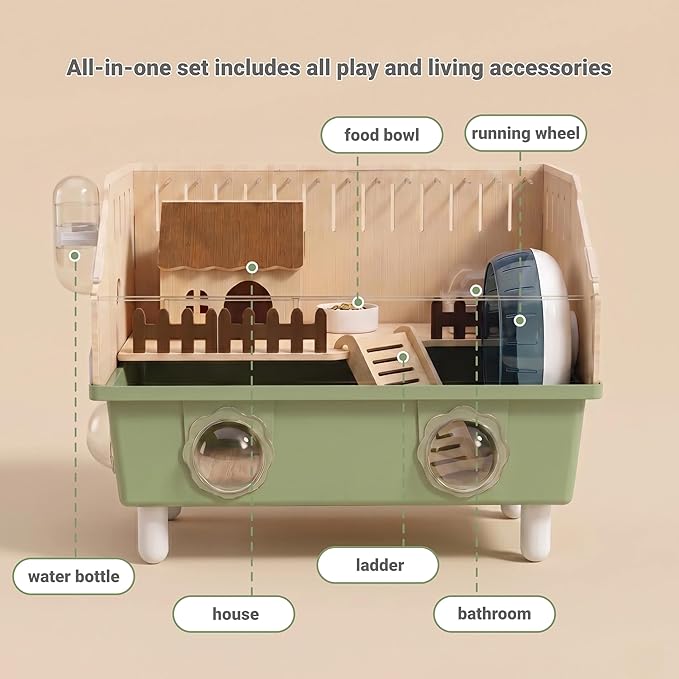 Small Animal Houses & Habitats, Hamster Cage for Dwarf Mouse, Complete Acrylic Small Animal Starter Kit with Accessories, Easy Clean Transparent Pet Cage for Hamsters Gerbils (Green)