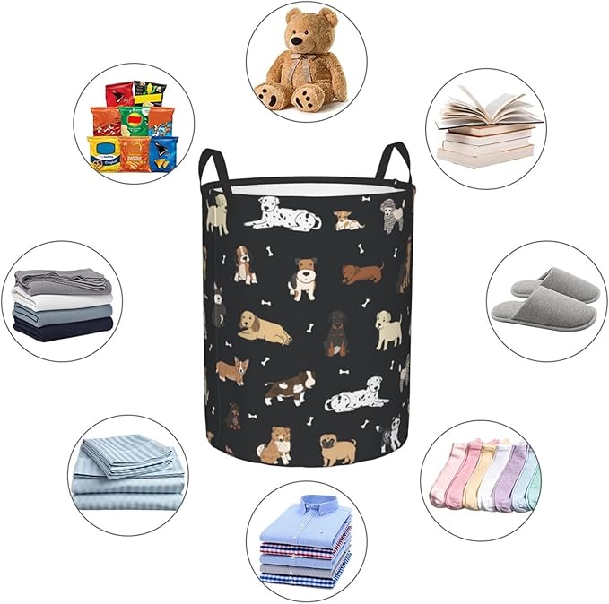 Cute Dogs Round Laundry Hamper Cartoon Puppy Animals Storage Basket Toys Clothes Organizer Bin For Home Bathroom Bedroom Dorm Nursery, 38l