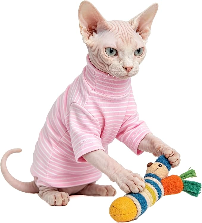 Sphynx Cat Clothes for Cats Only, Narrow Striped Sphynx Shirt Clothes T-Shirts Sweatshirt with Sleeves, Soft Kitten Sphinx Clothes Pet Apparel Devon Rex,Cornish Rex,Peterbald,Pink,L