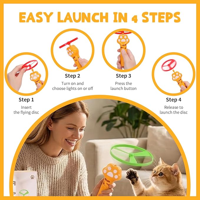 Cat Fetch Toy, Rechargeable Flying Disc Launcher Toy with 6 Flying Discs, Cat Toy Launcher, Flying Bird Cat Toy, Cat Interactive Toys for Outdoor and Indoor (Yellow)